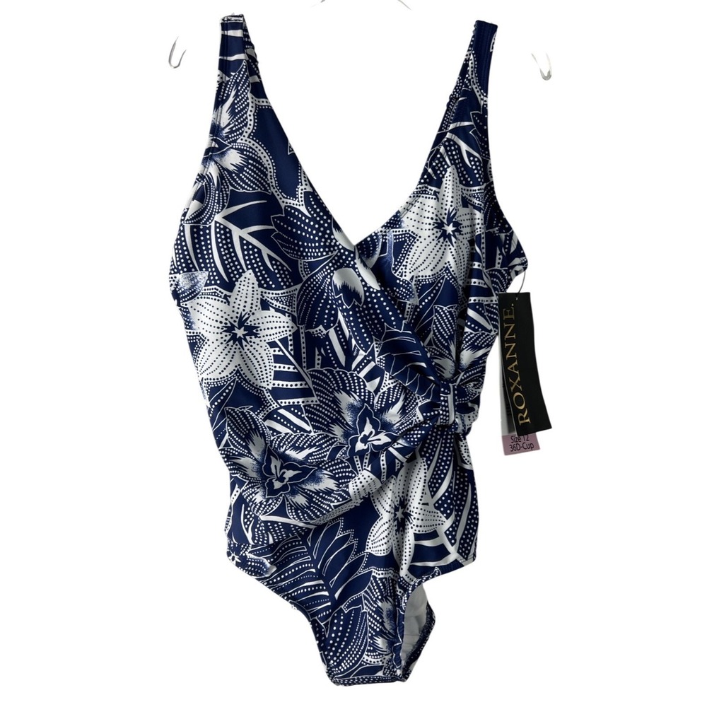 ROXANNE Bathing  Suit One Piece Size W 12 36D Cup Draped Sash UPF 50+ Navy D23
